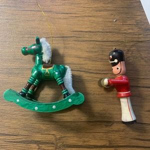 Rocking Horse and Drummer Boy playing Cymbals Ornament Old Vintage